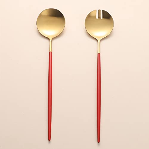 Salad Servers,Spoon and Fork Set 11.41 inch,18/10 Stainless Steel Salad Serving Titanium Plating (Red gold) - color: Red/Gold