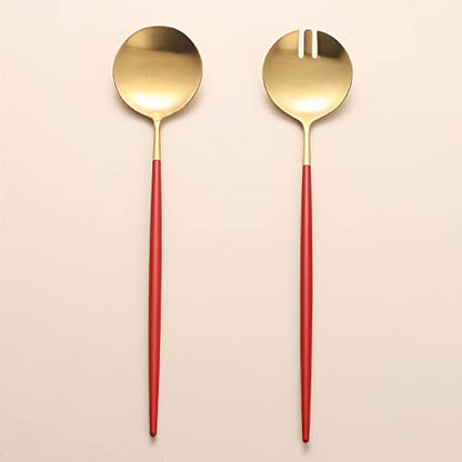 Salad Servers,Spoon and Fork Set 11.41 inch,18/10 Stainless Steel Salad Serving Titanium Plating (Red gold) - color: Red/Gold