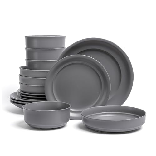 over&back Rim Dinnerware Set - Stoneware Dishes - Comes with 4 Dinner Plates, Salad Plates, Cereal Bowls, and Dinner Bowls - 16-Piece All-Occasion Place Settings - Serves Four - Semi-Matte Charcoal - color: Charcoal, size: Dinner Set | 16 Pieces