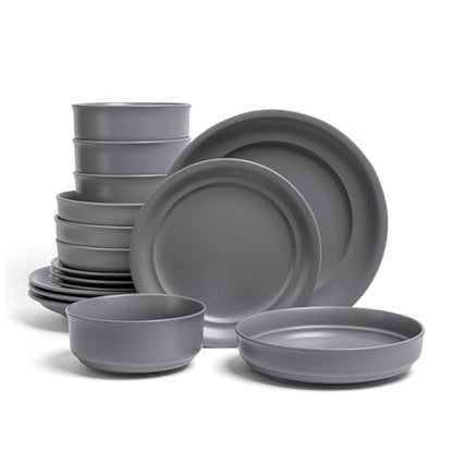 over&back Rim Dinnerware Set - Stoneware Dishes - Comes with 4 Dinner Plates, Salad Plates, Cereal Bowls, and Dinner Bowls - 16-Piece All-Occasion Place Settings - Serves Four - Semi-Matte Charcoal - color: Charcoal, size: Dinner Set | 16 Pieces
