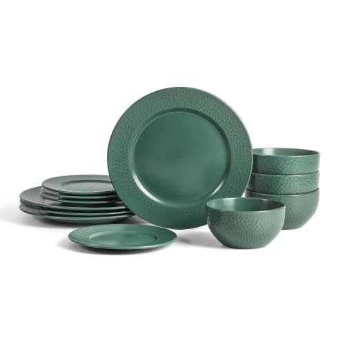 Stone Lain Topaz 12-Piece Stoneware Dinnerware Set, Dinner Plates, Salad Plates & Bowls, Service for 4, Dishwasher & Microwave Safe, Smoke Green - color: Smoke Green, size: 12-Piece, Service for 4
