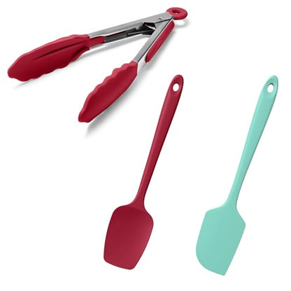 Doosu 600°F Heat Resistant Kitchen Food Tong for Cooking with Non-Scratch Silicone Tips (7in, Red) & 600°F Heat Resistant Spatula Set of 2 for Kitchen Cooking Baking Stirring (Red+Aqua Sky)