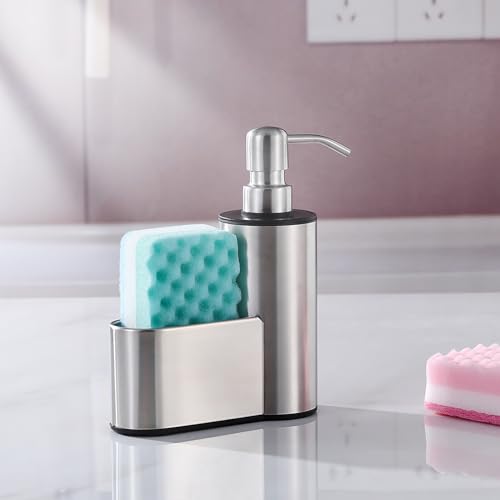 Kitchen Soap Dispenser with Sponge Holder, 12 oz | Dish Soap Dispenser for Kitchen Sink Countertop, Hand Soap Dispenser Bathroom, Stainless Steel Pump