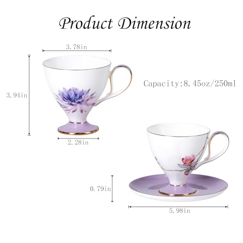 KAMMAK Tea Cups Set of 2,Ceramic Floral Pattern Demitasse Cup | Porcelain Espresso Cup with Saucer, 8.45 oz Handmade Elegant Bone China Tea Cups for Latte, Americano, Cappuccino - color: Water Lily & Winter sweet