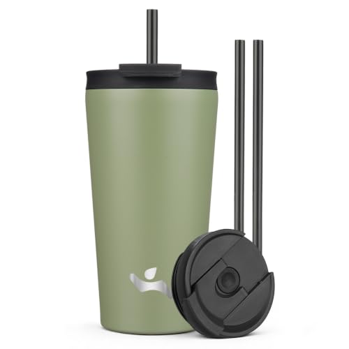 Konokyo 18 oz Insulated Tumbler Water Bottle with Straw Lid, ArmyGreen | Stainless steel insulated tumbler for coffee, water and iced drinks; spill-proof lid, 2 straws, cup-holder friendly - color: ArmyGreen, size: 18 Ounces