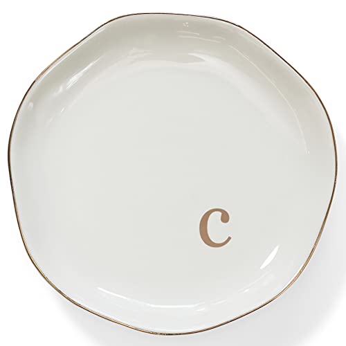 Initials Ring Holder Jewery Tray with Personalized C-Monogrammed Engagement Wedding Gifts for Friends,Sister,Birthday Christmas Gifts for Women,Ceramic White - style: c