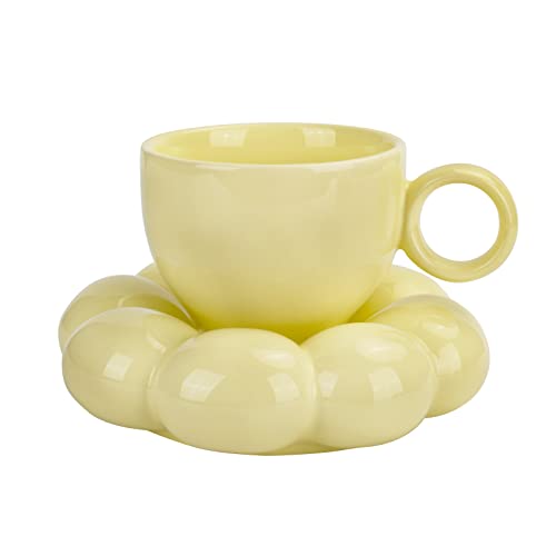Koythin Ceramic Coffee Mug with Saucer Set, Creative Cute Cup with Sunflower Coaster for Office and Home, Dishwasher and Microwave Safe, 6.5 oz/200 ml for Tea Latte Milk (Lemon Yellow) | 200ml Tiny Floral Cup, Microwave & Dishwasher Safe; Afternoon Tea Cu