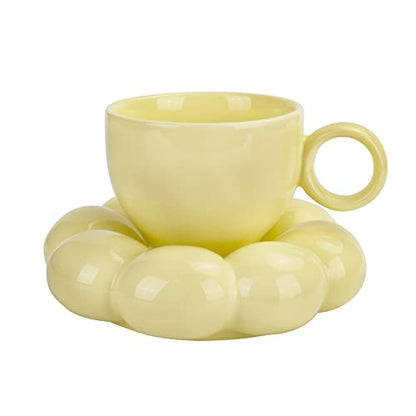 Koythin Ceramic Coffee Mug with Saucer Set, Creative Cute Cup with Sunflower Coaster for Office and Home, Dishwasher and Microwave Safe, 6.5 oz/200 ml for Tea Latte Milk (Lemon Yellow) | 200ml Tiny Floral Cup, Microwave & Dishwasher Safe; Afternoon Tea Cu