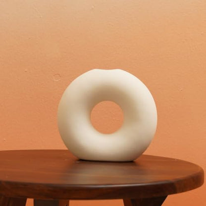 DESI SAMAAN Store Unique White Ceramic Donut Vases | Decorative Donut Vase for Dried Flowers & Pampas Grass (Set of 2) (6 & 4 Inches (Ring Donut VASE)) - size: 6 & 4 Inches (RING DONUT VASE )