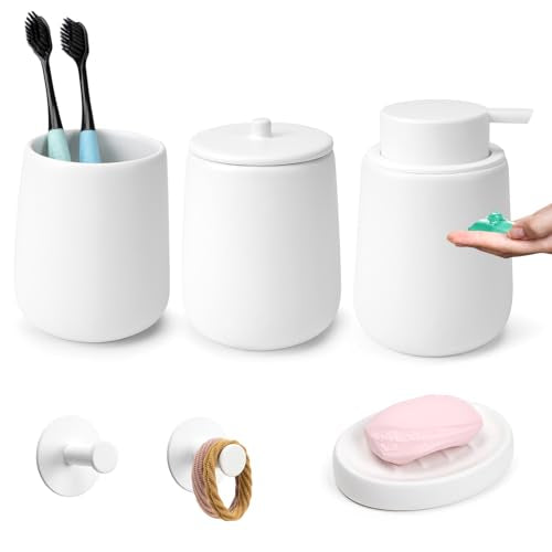 Ceramic Bathroom Accessories Set 6 Pcs, White Bathroom Accessory Set Includes Liquid Soap Dispenser with Rust-Proof Plastic Pump, Bathroom Cup, Qtip Holder, Soap Dish, 2Pcs Adhesive Hooks for Home - size: 6pcs-Liquid (can't Foam)