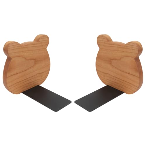 Cabilock 2 Pieces Book Stoppers: Wooden Bear Bookends for Shelves - Metal Base Non-Skid Book Ends for Bookshelf Decoration Home Office School Supplies