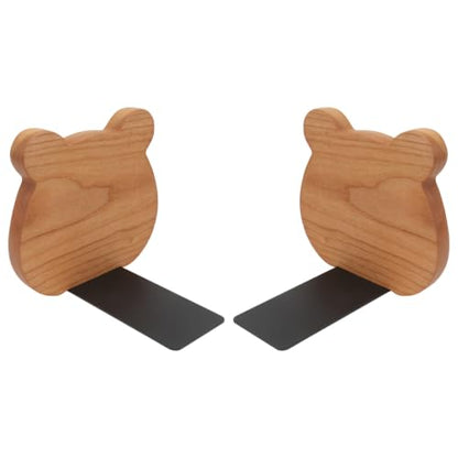 Cabilock 2 Pieces Book Stoppers: Wooden Bear Bookends for Shelves - Metal Base Non-Skid Book Ends for Bookshelf Decoration Home Office School Supplies