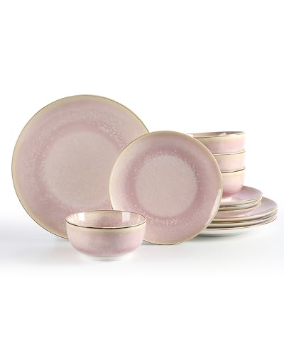 Sweejar Dinnerware Sets Service for 4, 12 pcs Porcelain Plates and Bowls for Kitchen, Housewaring Gift, Chip and Scratch Resistant Dish Set, Handmade Dishwasher and Microwave Safe Plate Set, Pink - color: Pink, style: Service for 4 (12 Pcs)