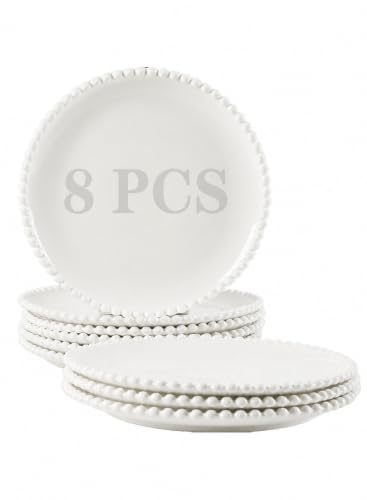 10.5 Inch Porcelain White Large Beaded Dinner Plates Set of 8 | Round Shape,Appetizer Plate,Ceramic,Dinnerware Serving,Salad,Pancakes,Steak,Pasta,Microwave, Dishwasher,Oven Safe - size: 10.5 Inch - 8P