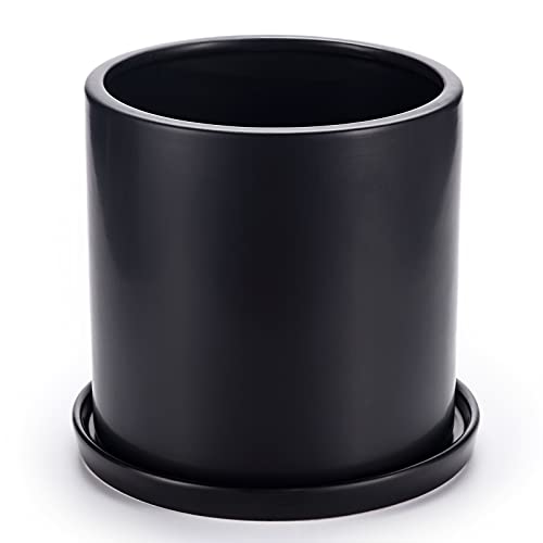 Plant Pots 10 Inch Ceramic Planter with Drainage Hole and Saucer, Matte Black Modern Cylinder Planter Pot for Indoor Outdoor Plants Flowers, Full Glazed Finish - color: Blackwsaucer, size: 10 Inch