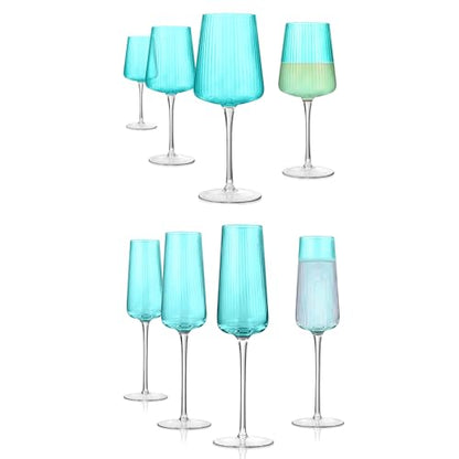 ARTLAND Soho Optic 8.5 oz Champagne Flute & 14 oz Goblet (8-Piece Set) - Stemmed Glasses for Weddings, Parties - Versatile Use Cocktails, Prosecco, Wine Ideal Gift Idea, Dishwasher Safe (Turquoise) - color: Light Turquoise, style: Goblet & Champagne Flute