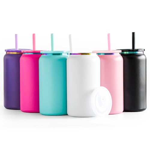 6 Pack Glass Cups with Lids and Straws Unbreakable 16 oz Stainless Steel Can Cup Double Wall Insulated Beer Can Tumbler for Iced Coffee, Juice, Soda, Matte-Colored - color: Matte-Colored
