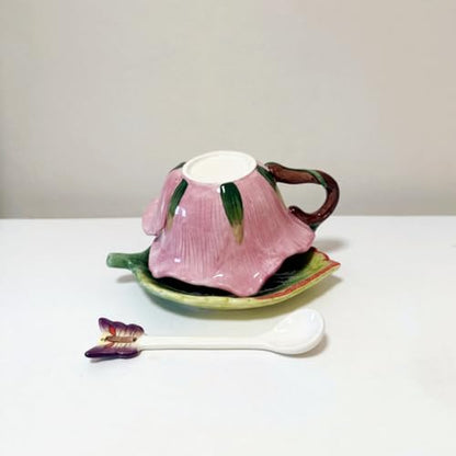 Ceramic Tea Cup and Saucer Set ，6OZ 3D Hand-Painted Flower and Lotus Leaf Coffee Mug，Gift for Women- Dark Pink Rose - color: Dark Pink Rose