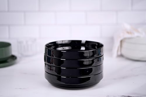 KooK Pasta Bowl, Bowl Plate, Low Bowl, Plate Bowls, Ceramic Large Shallow Bowls, Microwave and Dishwasher Safe, Great for Soups and Salads, Glossy Porcelain, 47 oz, Set of 4, Black - color: Black