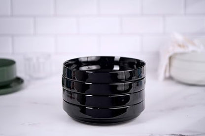 KooK Pasta Bowl, Bowl Plate, Low Bowl, Plate Bowls, Ceramic Large Shallow Bowls, Microwave and Dishwasher Safe, Great for Soups and Salads, Glossy Porcelain, 47 oz, Set of 4, Black - color: Black