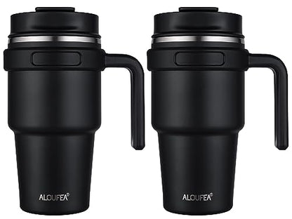 20 oz Insulated Travel Coffee Mug Tumbler with Handle and Straw | Leakproof Stainless Steel Coffee Cup with Lid, Double Wall Vacuum Ice Thermal Cup, Black, 2 Pack - color: Black, size: 2 Count (20 oz)