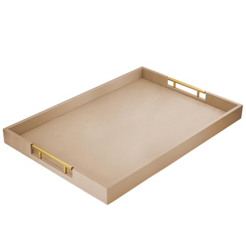 ATZYmolin 22" x 15.7" Extra Large Serving Tray, Vanity Platter, Glod | Rectangle Ottoman Decor Tray, Gold Polished Metal Handles, Coffee Table Bathroom Home Decorative Wood Leather Tray - color: Patinated Gold, size: 22" x 15.7" x 2"