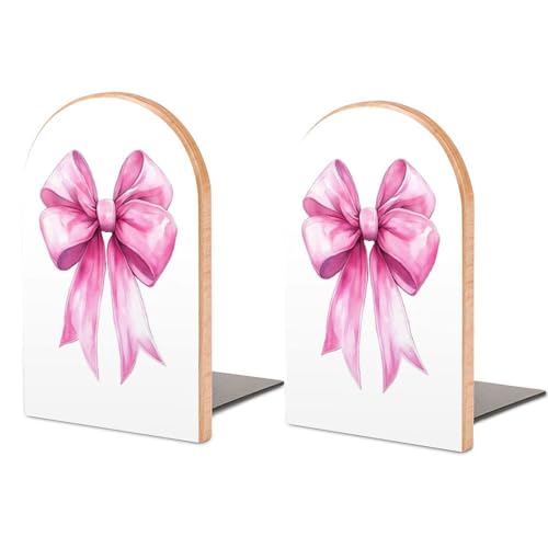 Pink Bow Wooden Bookends Shelves 2 PCS Trendy Watercolor Sturdy Book Holders Desktop Organizer for Home Office Libraries - color: Color-6
