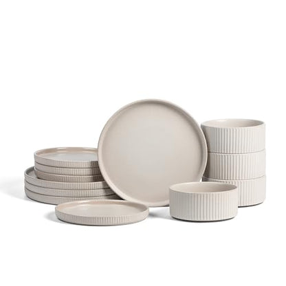 Stone Lain Haven 12-Piece Dinnerware Set, Beige, Includes 4 Dinner Plates, 4 Salad Plates, 4 Bowls, Microwave & Dishwasher Safe - color: Beige, size: 12-Piece - Service for 4