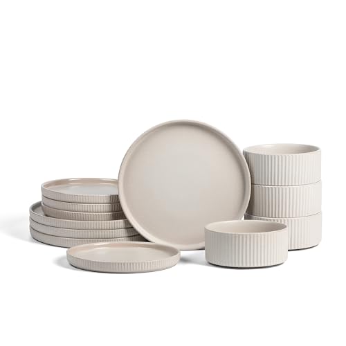 Stone Lain Haven 12-Piece Dinnerware Set, Beige, Includes 4 Dinner Plates, 4 Salad Plates, 4 Bowls, Microwave & Dishwasher Safe - color: Beige, size: 12-Piece - Service for 4