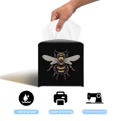 Bee Artwork PU Leather Tissue Box Cover 5.2 in | Bee insect artwork design; 5.2-inch premium PU tissue box cover with hand-stitched look and removable liner. - color: Bee