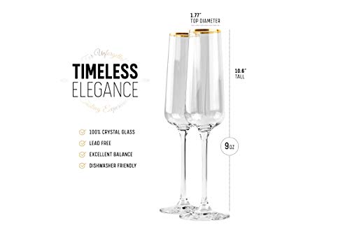 Gold Rim Champagne Gift Glasses | Set of 2 | Crystal Square Toasting Flutes for Bride and Groom, Wedding, Anniversary, Birthday | Elegant Long Stemmed Glassware for Sparkling Wine, Prosecco