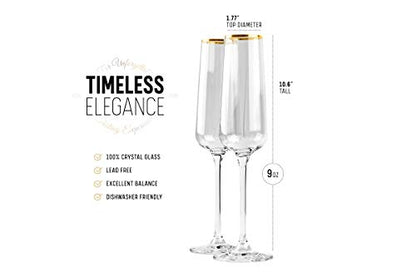 Gold Rim Champagne Gift Glasses | Set of 2 | Crystal Square Toasting Flutes for Bride and Groom, Wedding, Anniversary, Birthday | Elegant Long Stemmed Glassware for Sparkling Wine, Prosecco