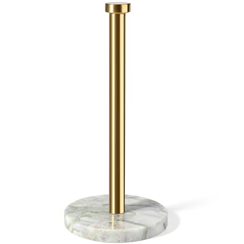Genuine Marble Paper Towel Holder Countertop, 6" Stone Base Gold Rod Paper Towel Holder Stand for Kitchen Storage, for Standard or Jumbo-Sized Rolls - color: White Green Marble-gold Rod, size: 6" Marble Base