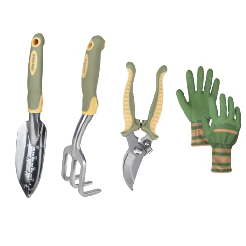 Green Garden Tools 4-Piece, Aluminum Alloy Gardening Hand Tool Set | Transplant Trowel, Hand Rake, Curved Pruner with Ergonomic Handle, Garden Gloves, Gardening Gift for Men Women Plant Lover - color: green-4pcs