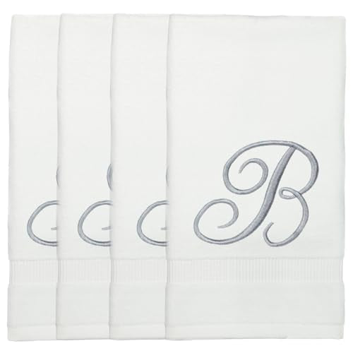 Monogrammed Fingertip Towels, Personalized Gift, 11 x 18 Inches - Set of 4 - Silver Script Embroidery - Extra Absorbent 100% Turkish Cotton- Soft Terry Velour- for Bathroom, Kitchen and Spa- B White - style: Initial B