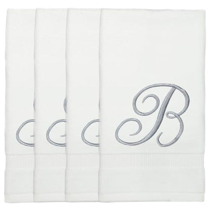 Monogrammed Fingertip Towels, Personalized Gift, 11 x 18 Inches - Set of 4 - Silver Script Embroidery - Extra Absorbent 100% Turkish Cotton- Soft Terry Velour- for Bathroom, Kitchen and Spa- B White - style: Initial B