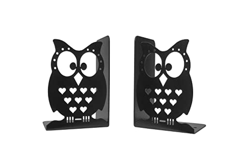 Metal Bookends, Owl Design, Black, 1 Pair, 6 Inch Tall