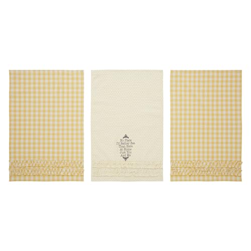 VHC Brands Cotton Kitchen Towel set of 3, Distressed Appearance, Tea Towel, Dish Towels, Buzzy Bees Collection, Rectangle 28x19, Vintage Yellow - color: "No Place I'd Rather Bee.."