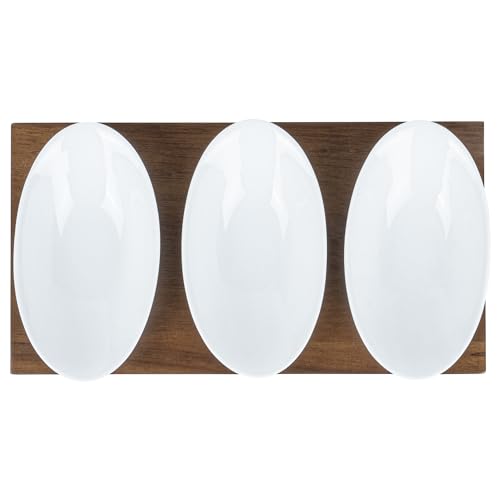 Restaurantware-9 Ounce Bowl Set with Tray - 1 Dishwashable Serving Set, Includes 3 Porcelain Bowls And 1 Bamboo Tray, Durable, White Porcelain And Bamboo Bowl And Platter Kit, Reusable, Freezable - size: Triple set, style: Ellipse