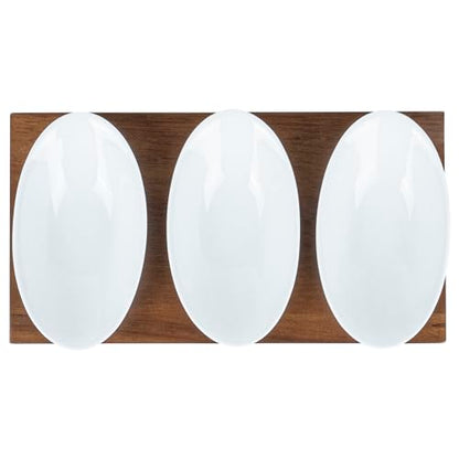 Restaurantware-9 Ounce Bowl Set with Tray - 1 Dishwashable Serving Set, Includes 3 Porcelain Bowls And 1 Bamboo Tray, Durable, White Porcelain And Bamboo Bowl And Platter Kit, Reusable, Freezable - size: Triple set, style: Ellipse