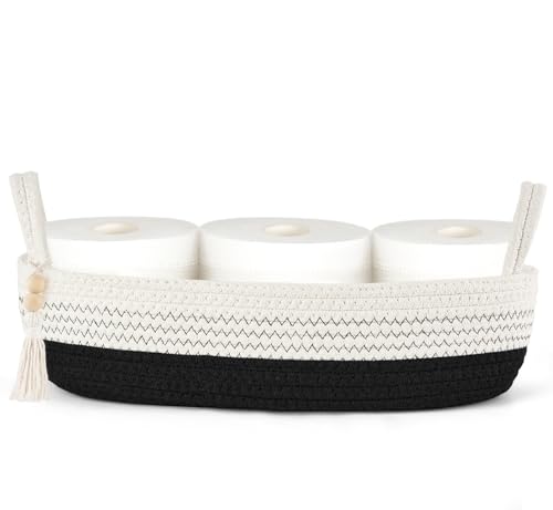 Mkono Toilet Paper Basket, Boho Bathroom Decor, Small Storage Organizer | Black and White, 15.7"L x 6"W, Back of Toilet Basket, Decorative Woven Tray with Handles, Space-Saving, Living Room Bedroom - color: Black and White, size: Medium