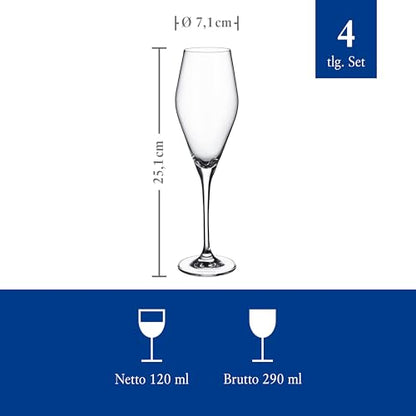 Villeroy & Boch La Divina Collection Champagne Flute, 4 oz Capacity, Set of 4 Crystal Glass, Made in Europe | Crystal glass champagne flutes, made in Europe, dishwasher safe, finely curved for champagne or sparkling Prosecco - style: Champagne Flute
