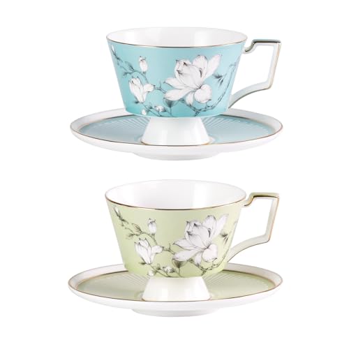 KAMMAK Ceramic Coffee Cups Saucers Set of 2, Porcelain Espresso Cups with Saucers, 8.12 oz Handcrafted Elegant Bone China Tea Cups, Blue & Sage Green Flower Teacup for Party, Office, Women Gift - color: Spring Magnolia (Green + Blue)
