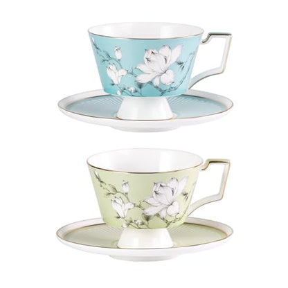 KAMMAK Ceramic Coffee Cups Saucers Set of 2, Porcelain Espresso Cups with Saucers, 8.12 oz Handcrafted Elegant Bone China Tea Cups, Blue & Sage Green Flower Teacup for Party, Office, Women Gift - color: Spring Magnolia (Green + Blue)