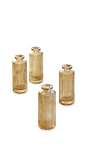 Serene Spaces Living Set of 4 Amber Pleated Bud Vase, Vases for Centerpieces for Home Decor, Events, Weddings, Parties, Measures 5.25" Tall and 2" Diameter - color: Amber Pleated Bud Vase
