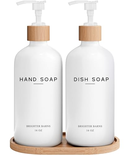 White Glass Hand and Dish Soap Dispenser Set by Brighter Barns - Kitchen Soap Dispenser Set with Tray - Glass Bottles for Kitchen Sink - Housewarming Gift, Countertop Decor, Boho Home Decor (White) - color: White Hd