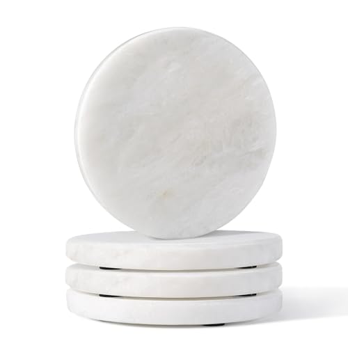 Marble Coaster Set of 4, Round White Coasters, 4" Cup Coasters for Drinks, Heat Resistant Coaster for Coffee Table Home Office Bar Decor(Namib Fantasy) - color: 4 Pcs-white