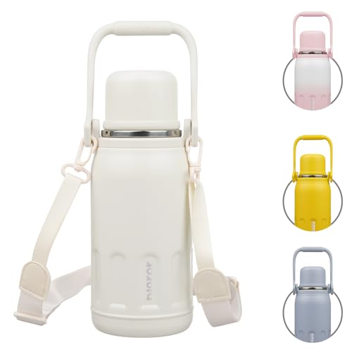 BJPKPK Stainless Steel Insulated Bottle with Handle & Strap, 27oz | Leak-proof vacuum insulation keeps drinks cold/hot for hours. BPA-free, dishwasher safe. Includes handle & strap. Beige. - color: Beige, size: 27 Ounces
