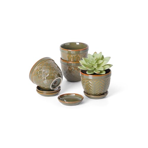Sureasy Succulent Pots, 3.5 Inch Flower Pots for Indoor Plants, Small Plant Pots with Saucer & Drainage, Decorative Ceramic Planters for Succulent, Cactus, Set of 4, Green - color: Green, size: 3.5 inch
