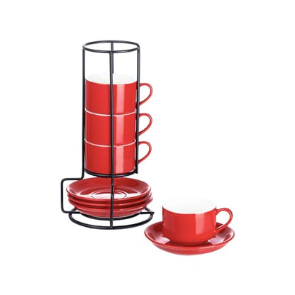 YOLIFE 2.5oz Espresso Cups Set of 4, Porcelain Stackable Espresso Cups, Expresso Shots Cup Set with Saucers and Metal Stand-Red - color: Red, size: 2.5oz